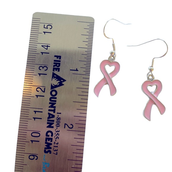 HAND CRAFTED Earrings Pink Breast Cancer Awareness Ribbon approximately 1.5” - Picture 3 of 12